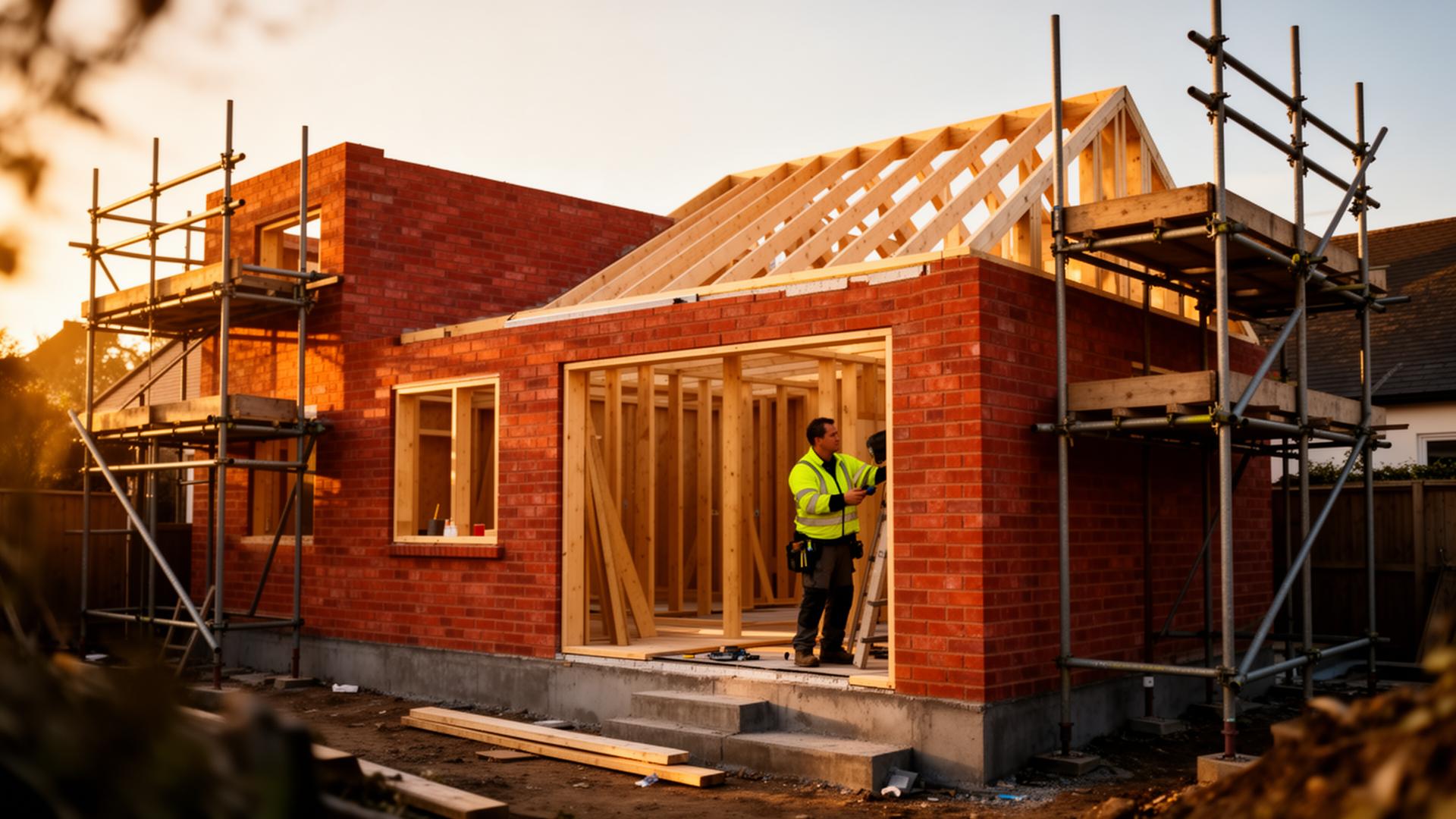 JC Construction tradesman building a brick home extension at golden hour